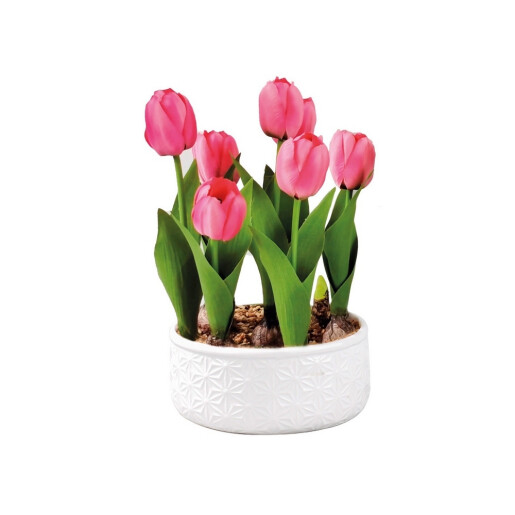 Lalele artificiale roz in ghiveci ceramica alba 18,5 x 32 cm