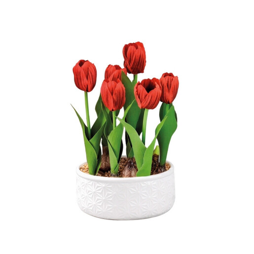 Lalele artificiale rosii in ghiveci ceramica alba 18,5 x 32 cm