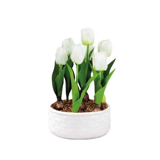 Lalele artificiale albe in ghiveci ceramica alba 18,5 x 32 cm