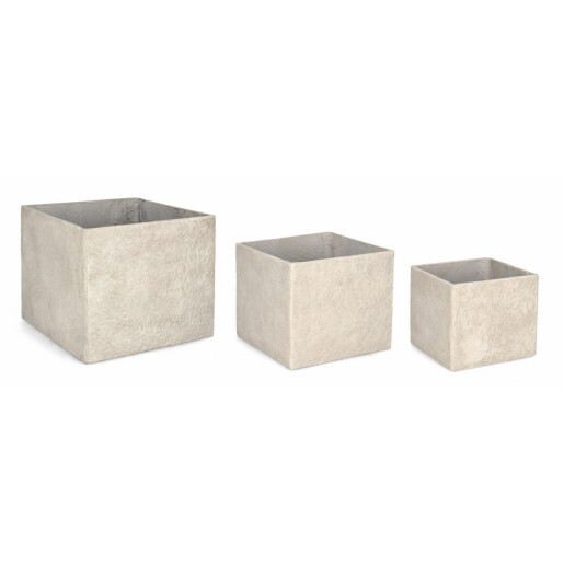 Set 3 ghivece flori fibra sticla bej Meili 37x37x31h; 45x45x38h; 55x55x46h