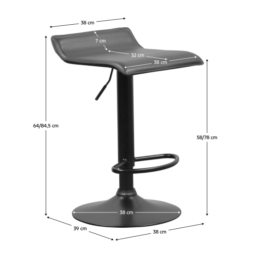 Scaun bar metal piele ecologica neagra Baili 38x39x64-84,5 cm