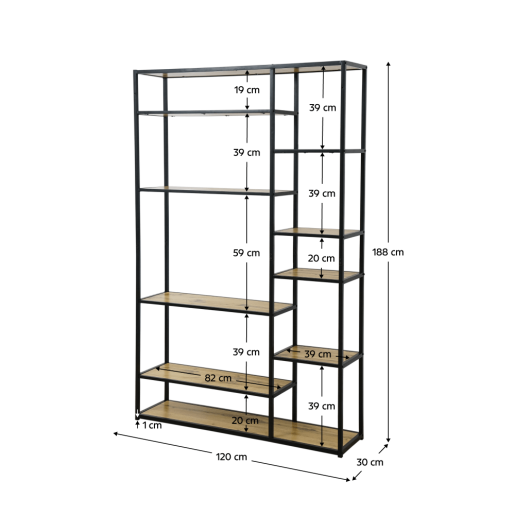 Raft metal negru MDF stejar  Bilote 120x30x188 cm 