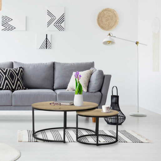 Set 2 masute cafea DTD laminat stejar metal negru Cirko 80x48 cm, 48x42 cm