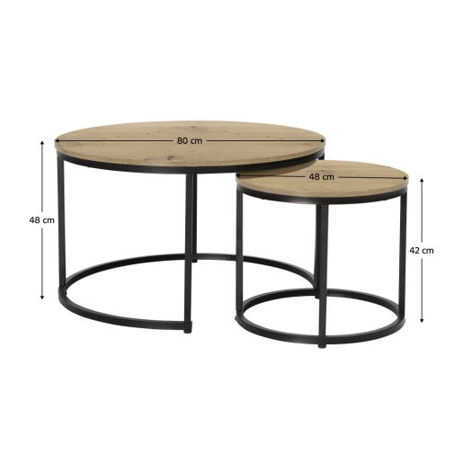 Set 2 masute cafea DTD laminat stejar metal negru Cirko 80x48 cm, 48x42 cm