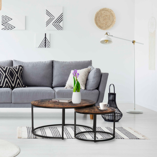 Set 2 masute cafea DTD laminat nuc metal negru Cirko 80x48 cm, 48x42 cm