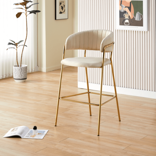 Scaun bar catifea bej crom auriu Dasmin 55x58x107 cm