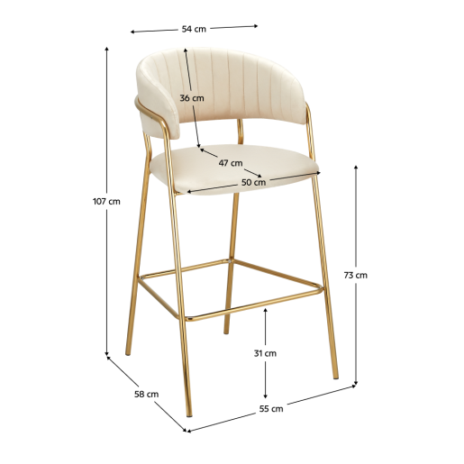Scaun bar catifea bej crom auriu Dasmin 55x58x107 cm