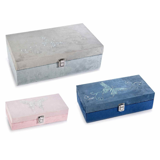 Set 3 casete bijuterii, din catifea gri albastra roz, 34 cm x 19.5 cm x 11 h