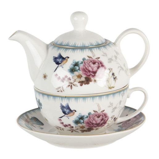 Set ceainic cu ceasca din portelan decor floral roz albastru 	Ø 16 cm x 15 cm x 15 h / 0.46 L