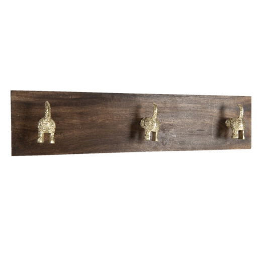 Cuier de perete din lemn maro cu 3 agatatori din fier auriu 35 cm x 5 cm x 14 h
