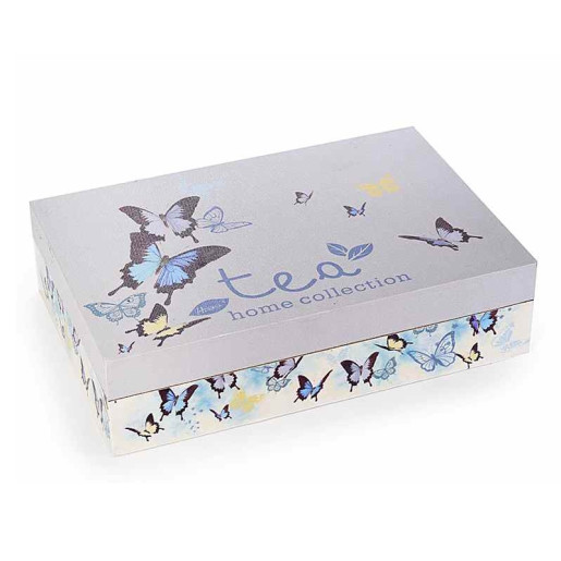 Cutie pentru ceai 6 compartimente din lemn decor Fluturi 24 cm x 16 cm x 6 h