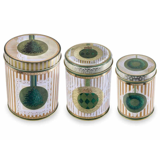 Set 3 cutii din metal verde auriu alb model Craciun Ø 11x14 cm, Ø 10x13 cm, Ø 8x11 cm