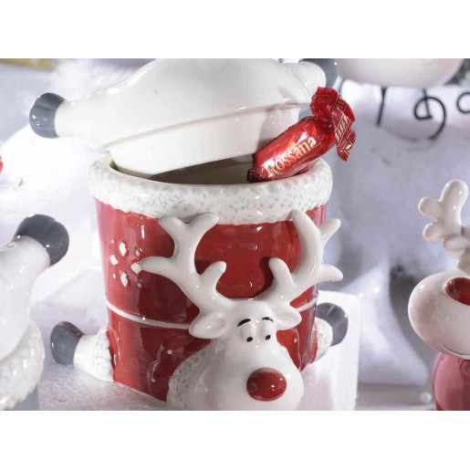 Borcan decorativ ceramica gri alb rosu model Ren 14x13x14 cm