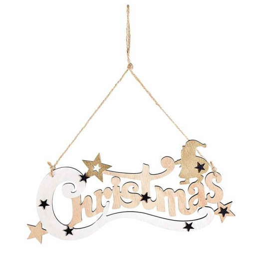 Decoratiune suspendabila din lemn alb natur Christmas 32x14 cm