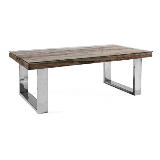 Masuta de cafea cu picioare otel argintiu si blat lemn maro sticla Stanton 110 cm x 60 cm x 40 h