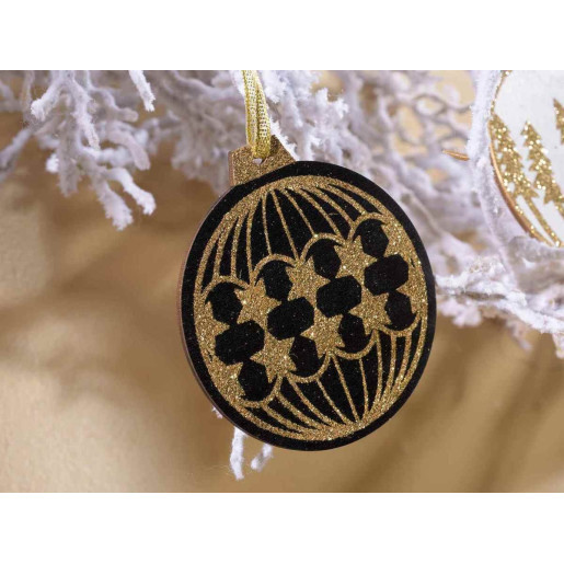 Set 36 ornamente brad din lemn negru alb auriu Ø 7 cm
