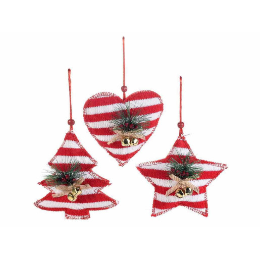 Set 3 ornamente brad din textil alb rosu 13x13 cm
