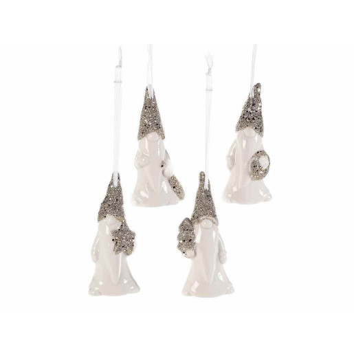 Set 4 ornamente brad din portelan alb model Mos Craciun 4x3x9 cm