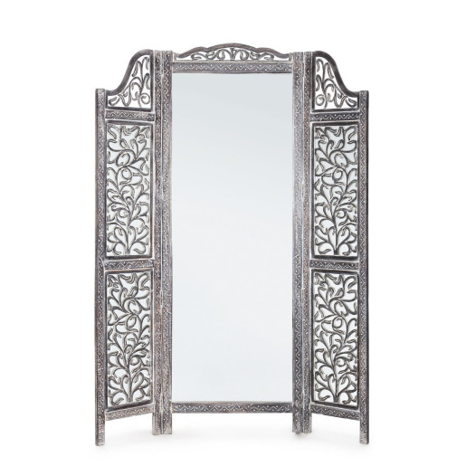Paravan decorativ cu oglinda din lemn gri antichizat Ajala 130 cm x 2.5 cm x 180 h