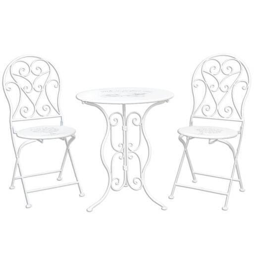 Set 2 scaune pliabile si masa fier forjat alb negru Ø 60 cm x 70 h, 40 cm x 40 cm x 92 h