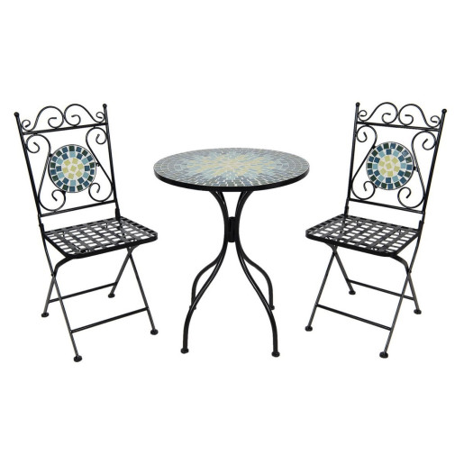 Set 2 scaune pliabile si masa fier forjat negru decorata cu mozaic albastru galben Ø 60 cm x 72 h