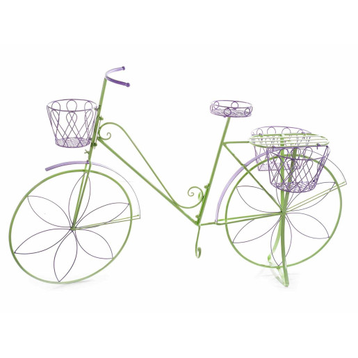 Suport flori cu 4 suporturi ghiveci metal verde mov model bicicleta cm 135 cm x 41 cm x 86 H 