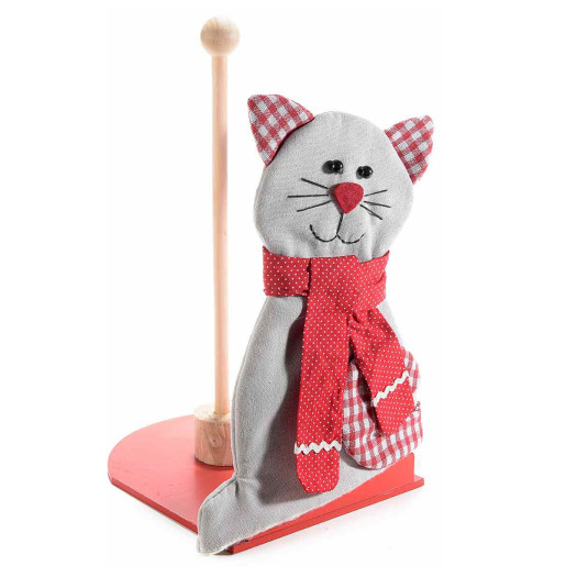 Suport rola hartie lemn textil gri rosu model Pisica cm 15 x 20 cm x 29 H