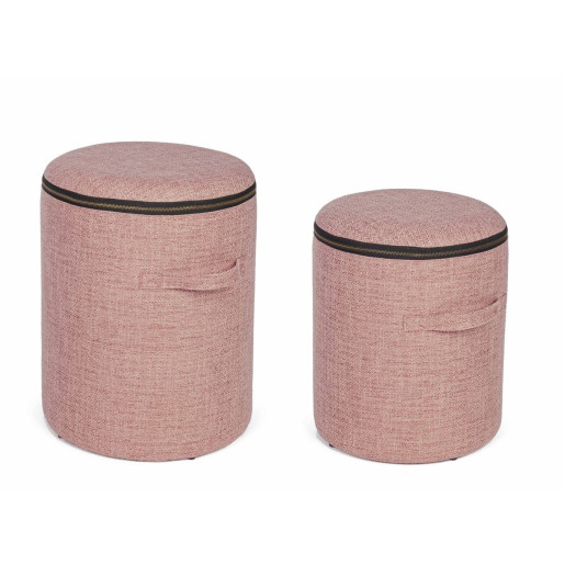 Set 2 tabureti tapiterie stofa roz negru cu spatiu depozitare Radmila Ø 30.5 cm x 38 h; Ø 35 cm x 44 h 