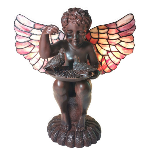 Veioza cu baza din polirasina maro si abajur din sticla Tiffany 33 cm x 21 cm x 33 h