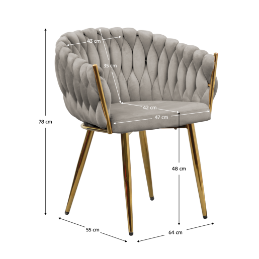 Scaun dining catifea gri metal auriu Bler 64x55x78 cm