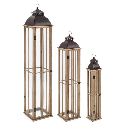 Set 3 felinare lemn natur metal maro Helsinki 15.5 cm x 15.5 cm x 87 h, 22 cm x 22 cm x 114 h, 30 cm x 30 cm x 144 h