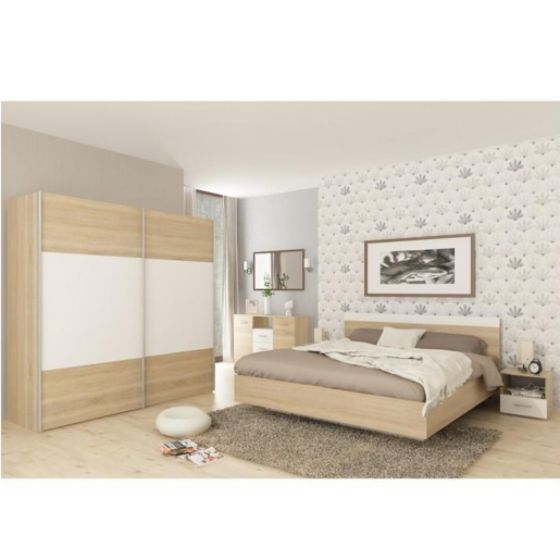 Set mobilier dormitor mdf maro stejar wotan alb Gabriella, pat 180 x 200 cm