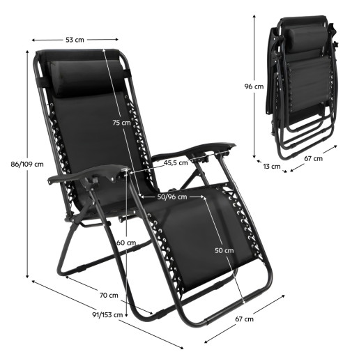 Scaun pozitionabil de gradina, negru, Gerald 67x91/153x86/109 cm