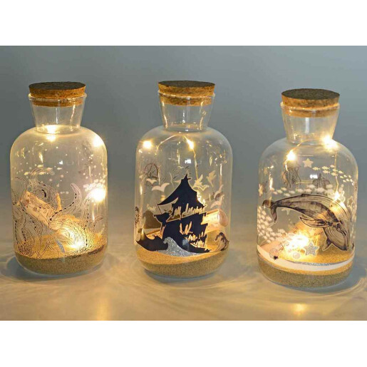 Set 3 sticlute decorative cu led decor Marin Ø 8 cm x 15 H