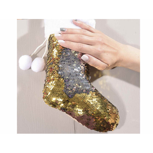 Ciorap decorativ Craciun cu paiete aurii reversibile 18x27 cm