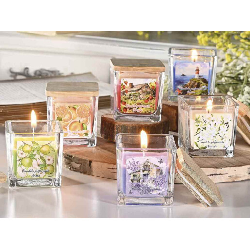 Lumanare parfumata in borcan sticla aroma Fragute cm 5,5 x 5,5 x 6 H