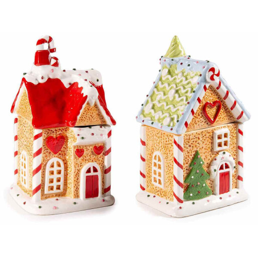 Set 2 borcane Casuta Turta Dulce ceramica multicolora 12.5x11.5x22.5 cm