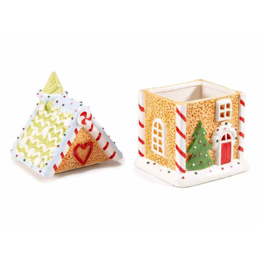 Set 2 borcane Casuta Turta Dulce ceramica multicolora 12.5x11.5x22.5 cm