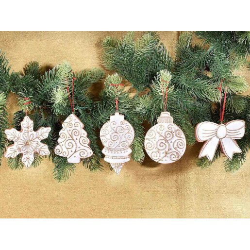 Set 10 ornamente brad polirasina alba aurie 6.5x12 cm