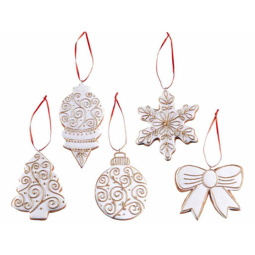Set 5 ornamente brad polirasina alba aurie 6.5x12 cm
