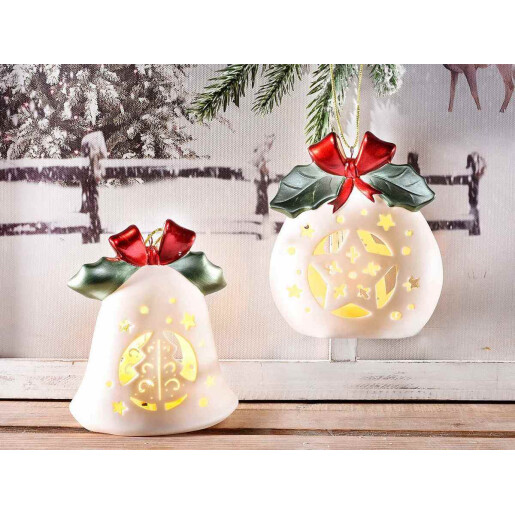 Set 4 ornamente brad Craciun ceramica multicolora cu led 10x6.5x12 cm