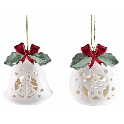 Set 4 ornamente brad Craciun ceramica multicolora cu led 10x6.5x12 cm