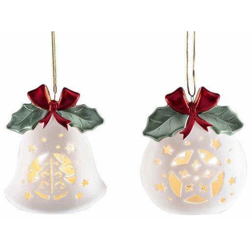 Set 2 ornamente brad Craciun ceramica multicolora cu led 10x6.5x12 cm