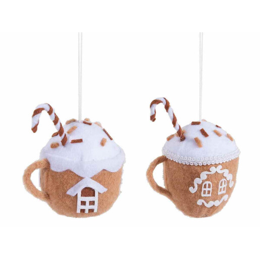 Set 2 ornamente brad Craciun textil alb maro cm 9 x 7,5 x 12 H