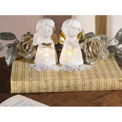 Set 2 figurine Ingeri portelan alb auriu cu led cm 5,5 x 5 x 10 H