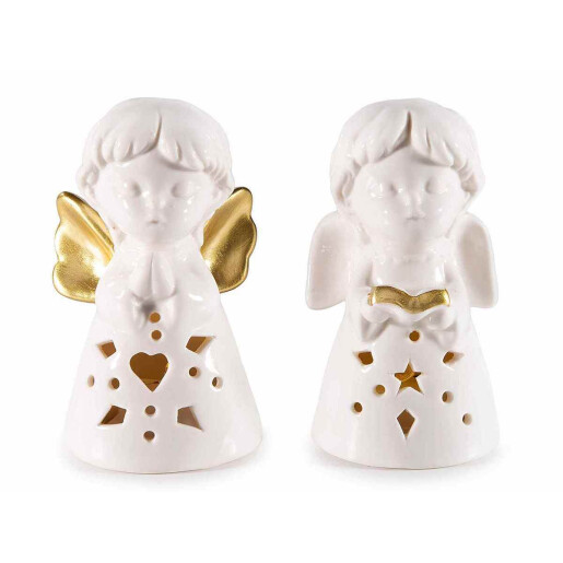 Set 2 figurine Ingeri portelan alb auriu cu led cm 5,5 x 5 x 10 H