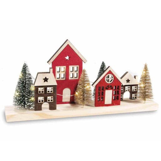 Decoratiune Craciun Casute lemn multicolor cu led 35x6x16.5 cm