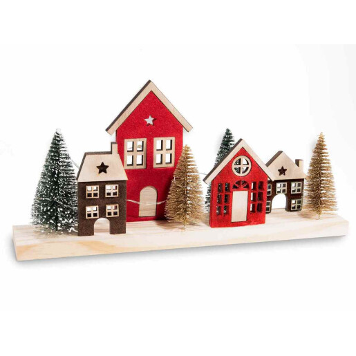 Decoratiune Craciun Casute lemn multicolor cu led 35x6x16.5 cm