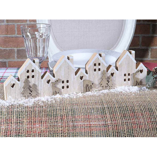 Decoratiune Craciun Casute lemn natur 38.5x2x9.5 cm