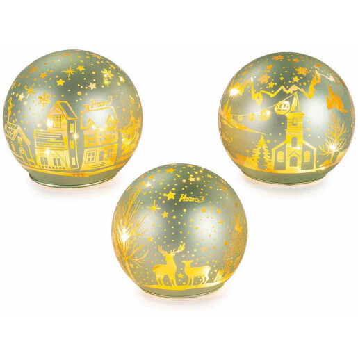 Set 3 sfere decorative Craciun sticla verde aurie cu led 9.5x9 cm